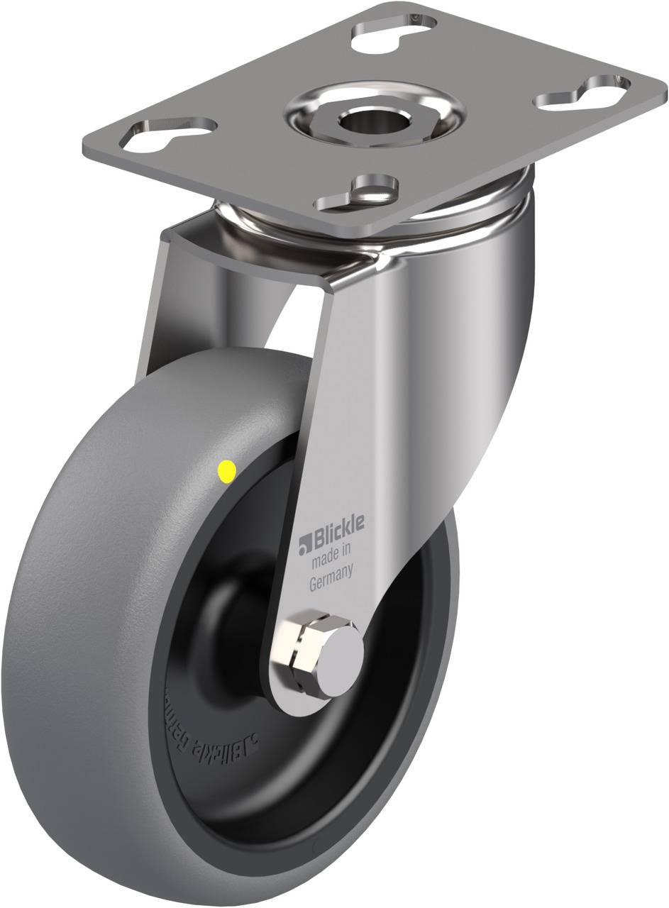 Graue Rolle mit Metallgehäuse und Befestigungsplatte, Aufschrift 'Blickle made in Germany'. Geeignet für Möbel oder Geräte.