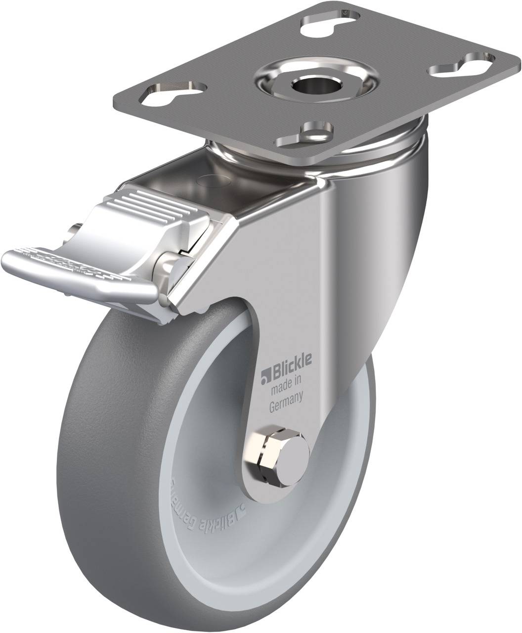 Metallisches Schwenkrollenrad mit grauem Reifen und Befestigungsplatte. Markierung zeigt 'made in Germany'.