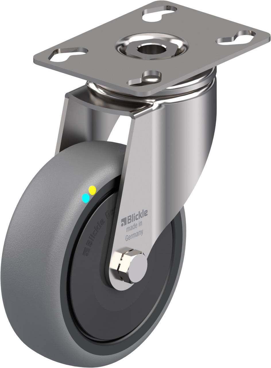 Ein silbernes Lenkrollenrad mit grauer Gummibereifung und Befestigungsplatte, geeignet für Möbel oder leichte Geräte.