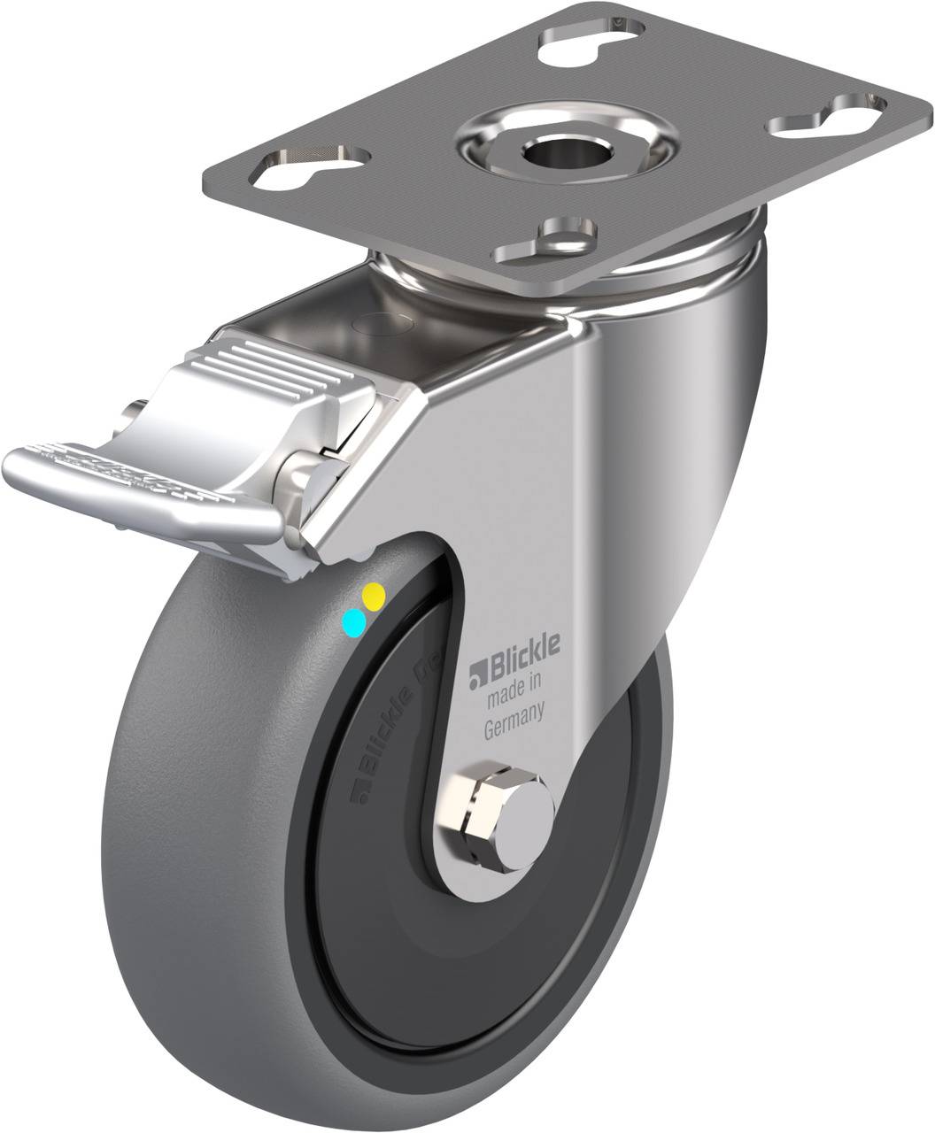 Metallenes Lenkrolle mit grauem Rad und Befestigungsplatte. Enthält Schriftzug 'Blickle, made in Germany'.