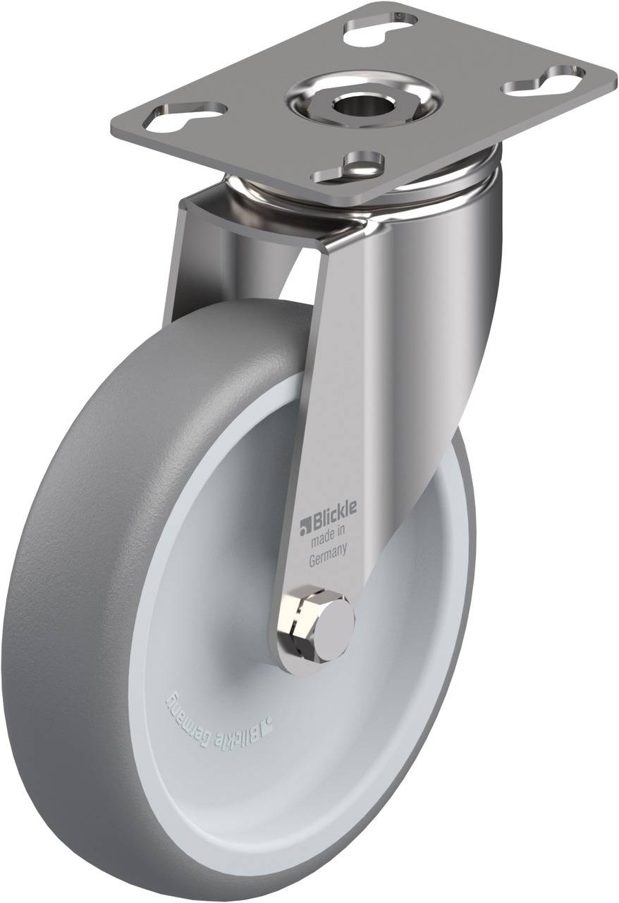 Graue Lenkrolle mit Metallrahmen und Befestigungsplatte, geeignet für Transportwagen oder Möbel, markiert mit 'made in Germany'.
