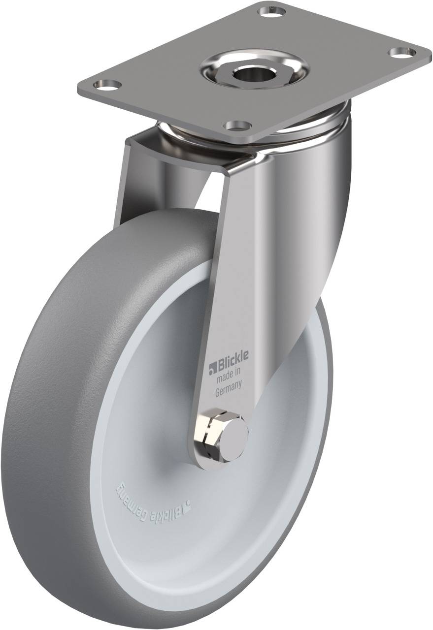 Industrie-Rollenrad mit grauem Gummireifen, Metallhalterung, und Befestigungsplatte für Möbel oder Transportgeräte.