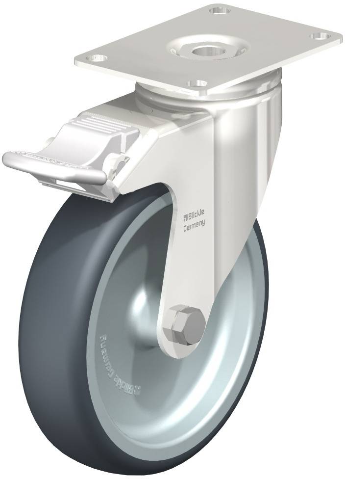 Industrie-Rollenrad mit grauem Gummirad und Metallgehäuse, montiert auf einer rechteckigen Platte.