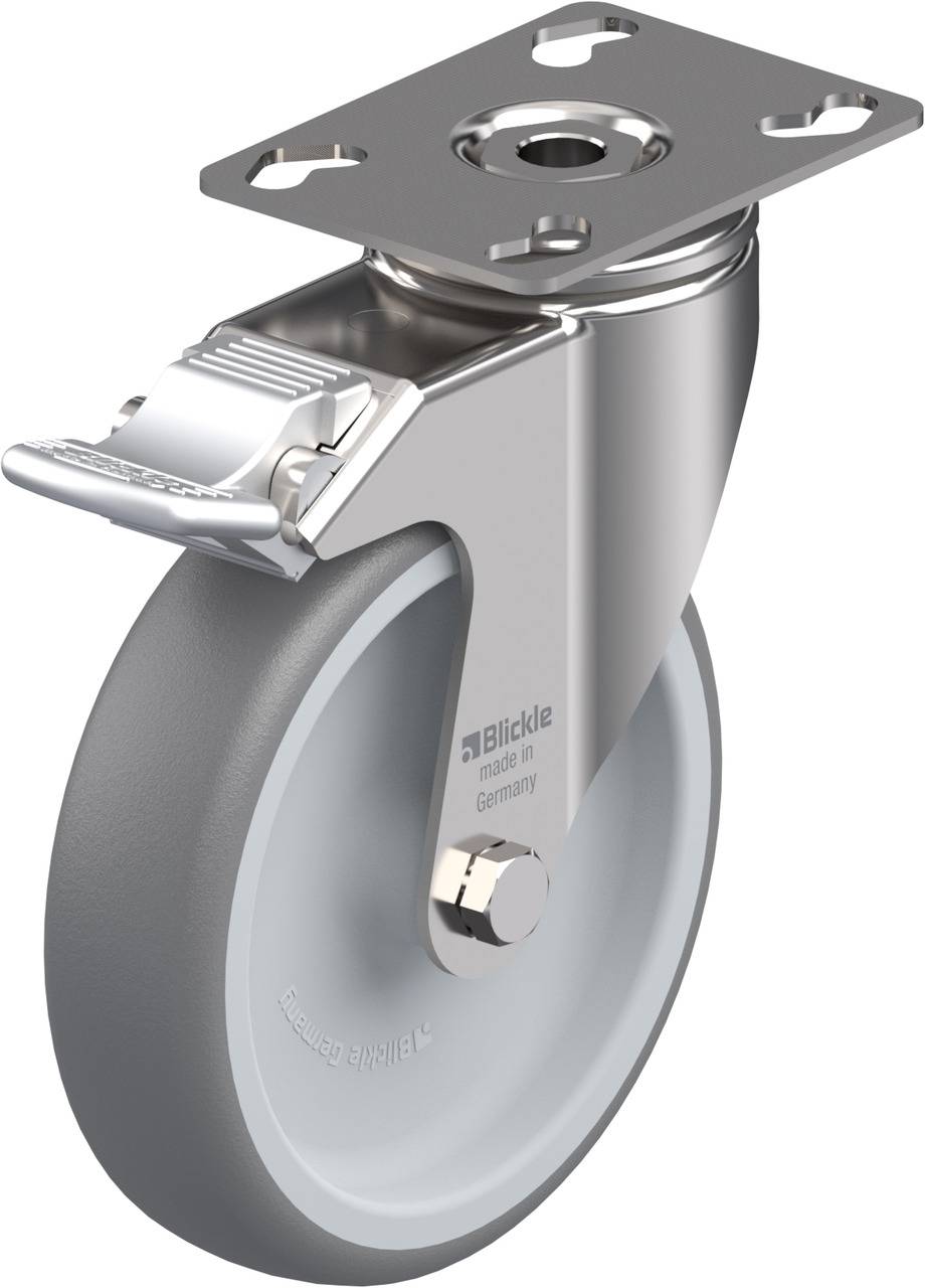 Graue Bockrolle mit Metallgehäuse und Befestigungsplatte, geeignet für industrielle Anwendungen. Hergestellt in Deutschland.