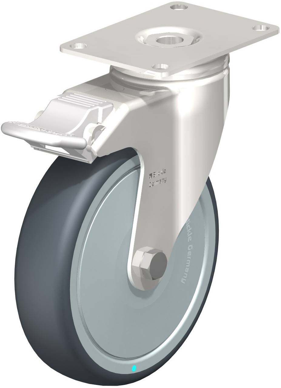 Industrie-Lenkrolle mit grauem Gummirad und Metallgehäuse, inklusive Feststeller. Geeignet für Maschinen oder Transportwagen.