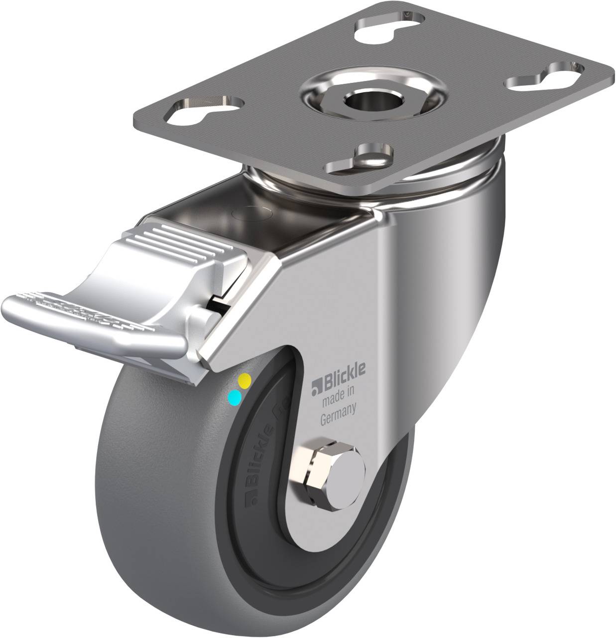Eine graue Lenkrolle mit Bremse für Möbel oder industrielle Anwendungen, aus Metall und Kunststoff, hergestellt in Deutschland.