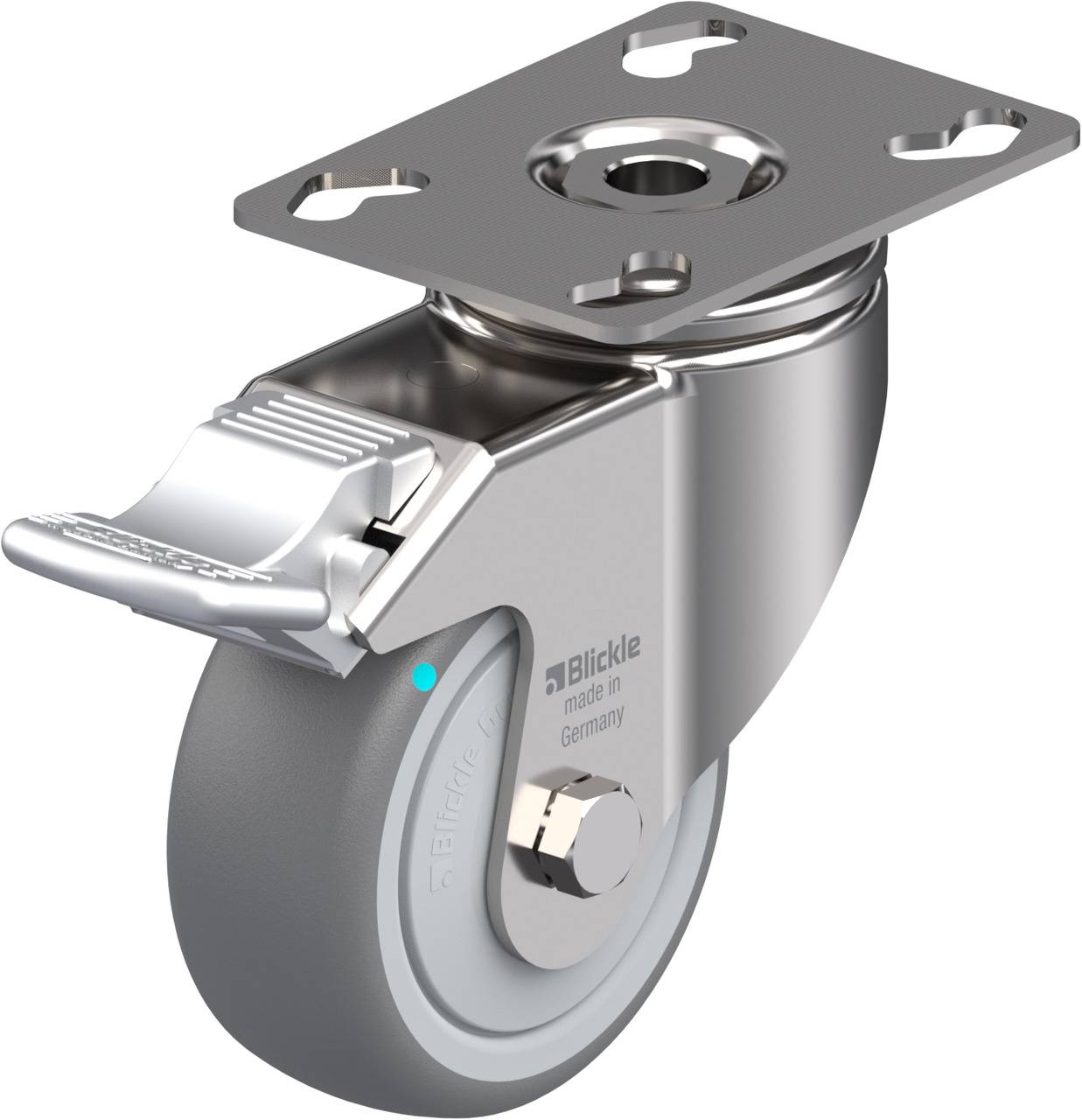 Industrie-Rollenrad aus Metall und Gummi mit einem Befestigungsbolzen oben und Feststellmechanismus an der Seite. Geeignet für schwere Lasten.