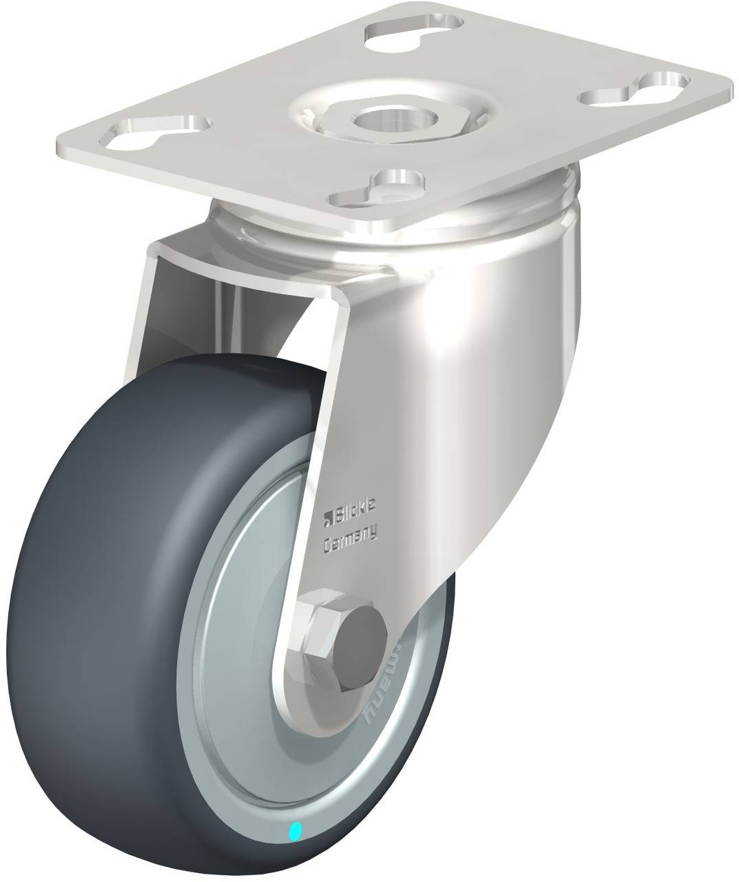 Industrielle Lenkrolle mit grauem Gummirad und Metallgehäuse, ideal für Möbel oder Transportmittel auf harten Böden.