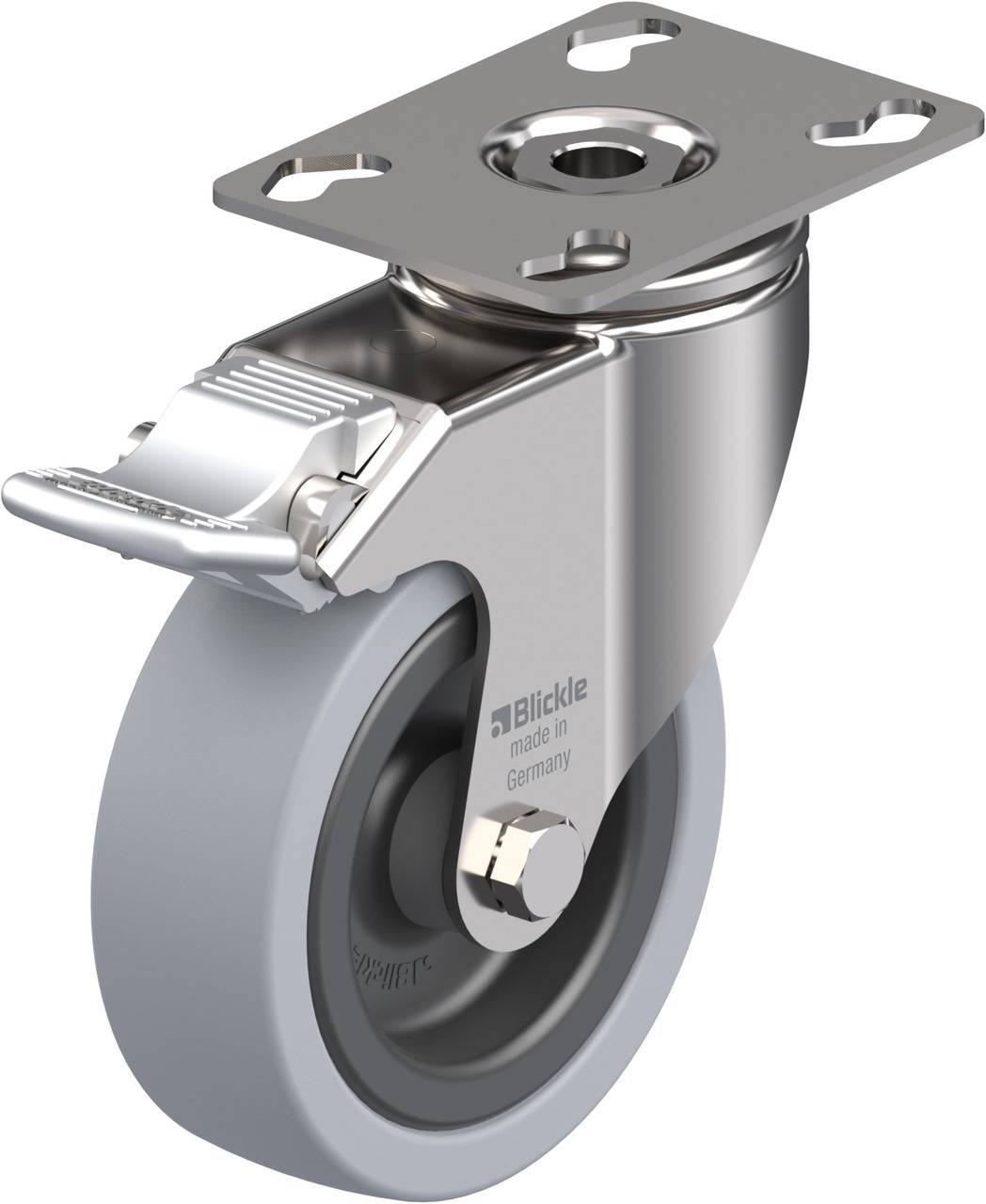 Metallisches Schwenkrad mit grauem Gummirad und Befestigungsplatte, geeignet für Transport- und Industriemaschinen.