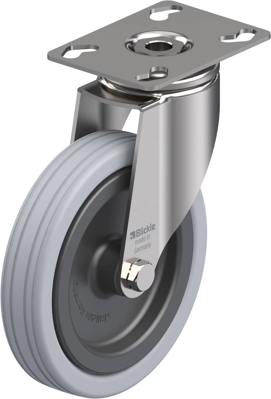Industrielle Lenkrolle mit grauem Polyamid-Rad und silbernem Metallgehäuse, geeignet für Anwendungen in mechanischen Umgebungen.
