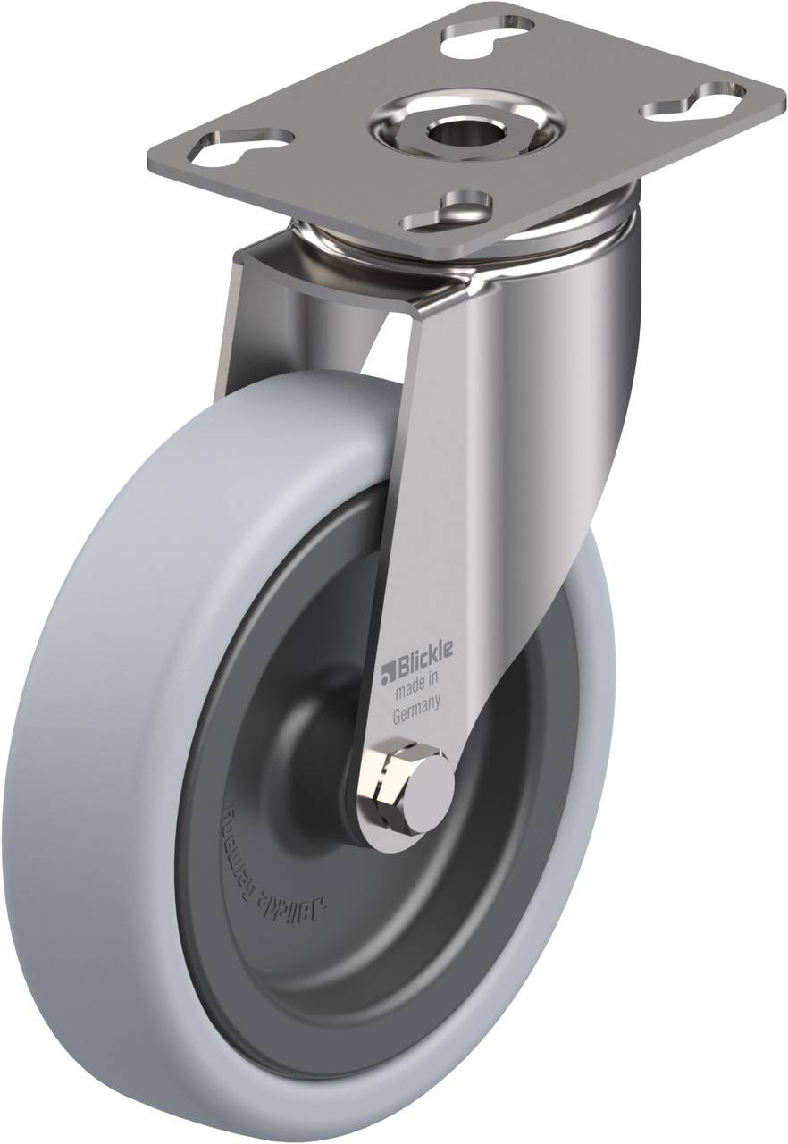 Industrielle Lenkrolle mit grauem Rad und Metallhalterung, ideal für bewegliche Maschinen oder Möbel.