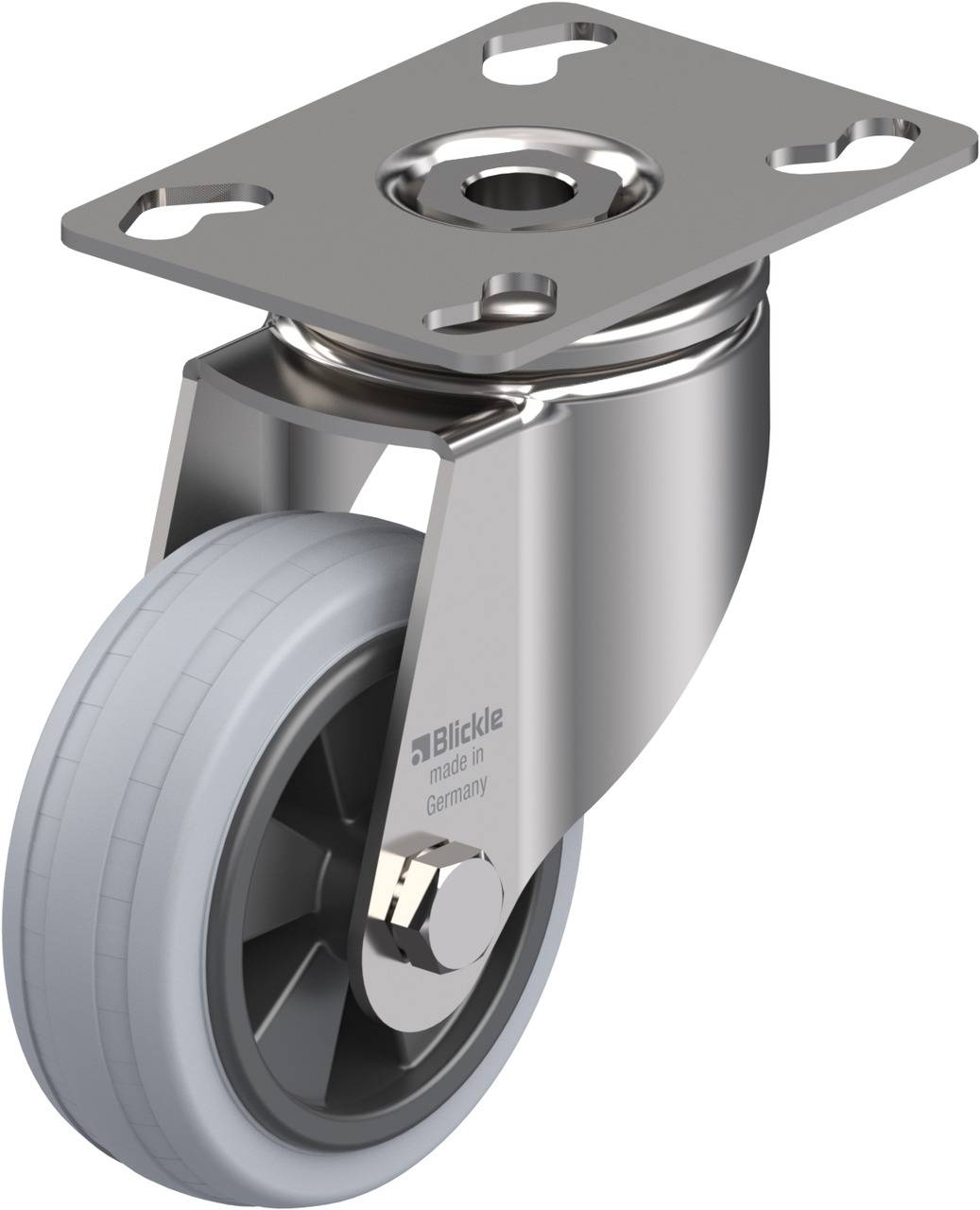 Metalllenkrolle mit grauem Gummirad, geeignet für Möbel oder Transportgeräte. Herstellerlogo auf der Halterung sichtbar.