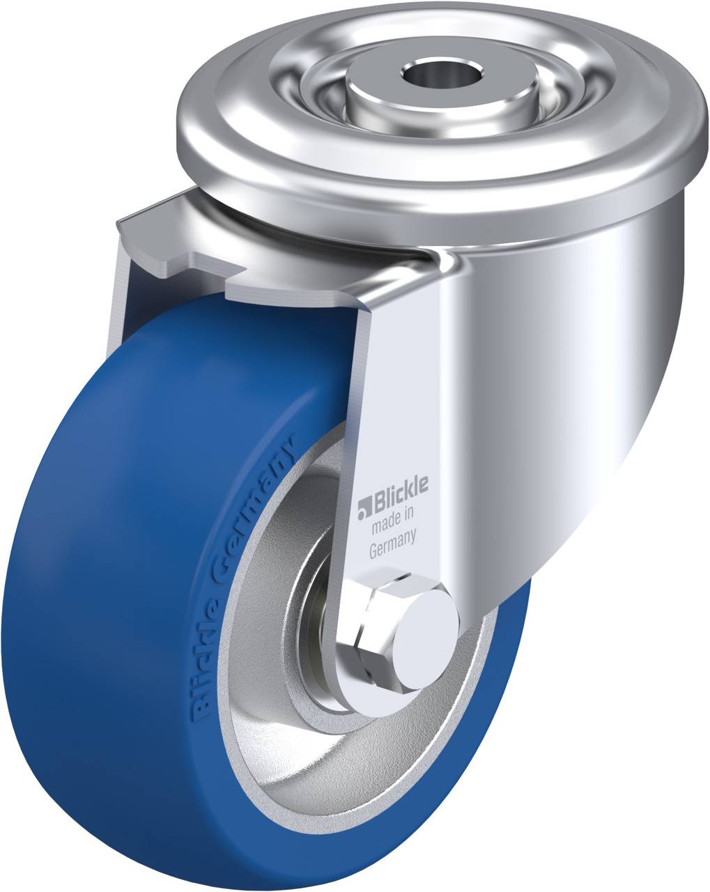 Industrie-Drehrolle mit blauem Rad und silbernem Gehäuse. Auf der Seite steht 'Blickle made in Germany'. Geeignet für schwere Lasten.