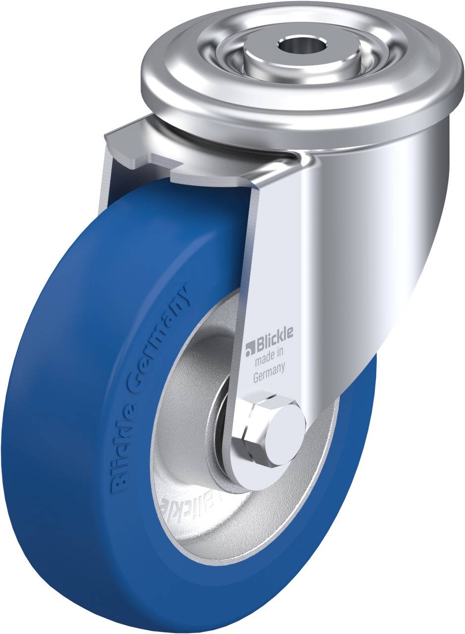 Schwenkrolle mit blauem Gummirad und metallischem Gehäuse, geeignet für Möbel oder industrielle Anwendungen, Aufschrift 'made in Germany'.
