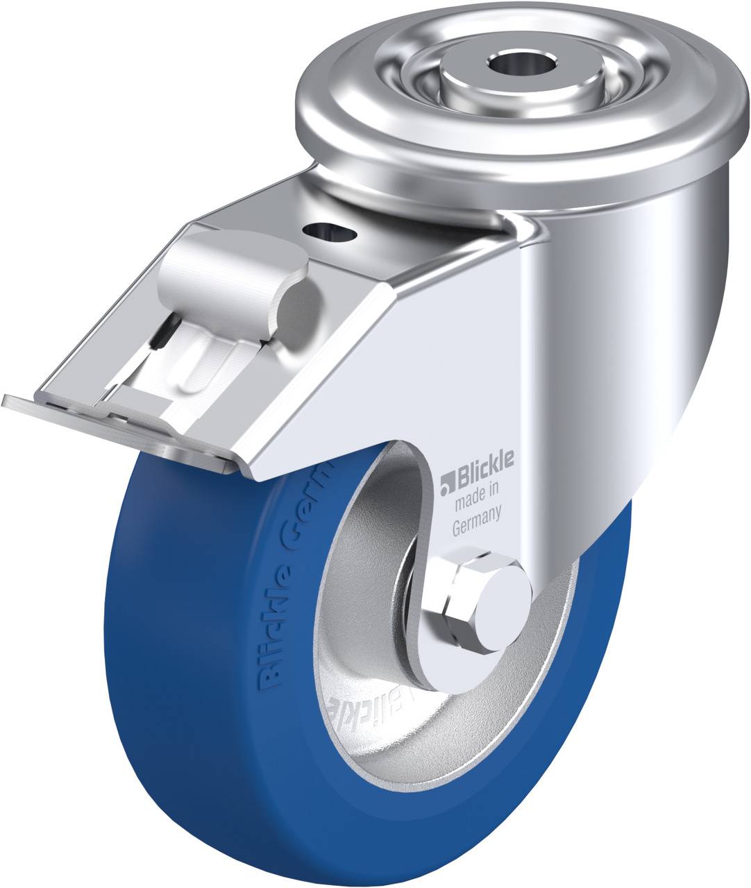Rollenlager mit blauem Rad und silbernem Gehäuse, hergestellt in Deutschland. Eignet sich für Möbel oder Geräte auf glatten Oberflächen.