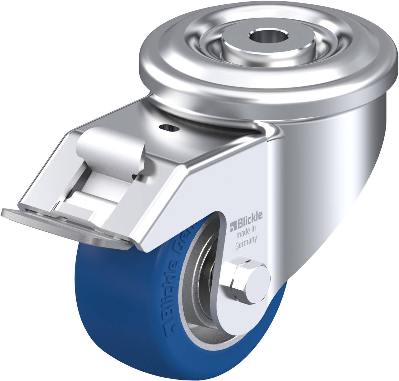 Ein silbernes Rad mit blauer Gummireifen, montiert an einer Metallstütze. Hergestellt in Deutschland. Markenname sichtbar.