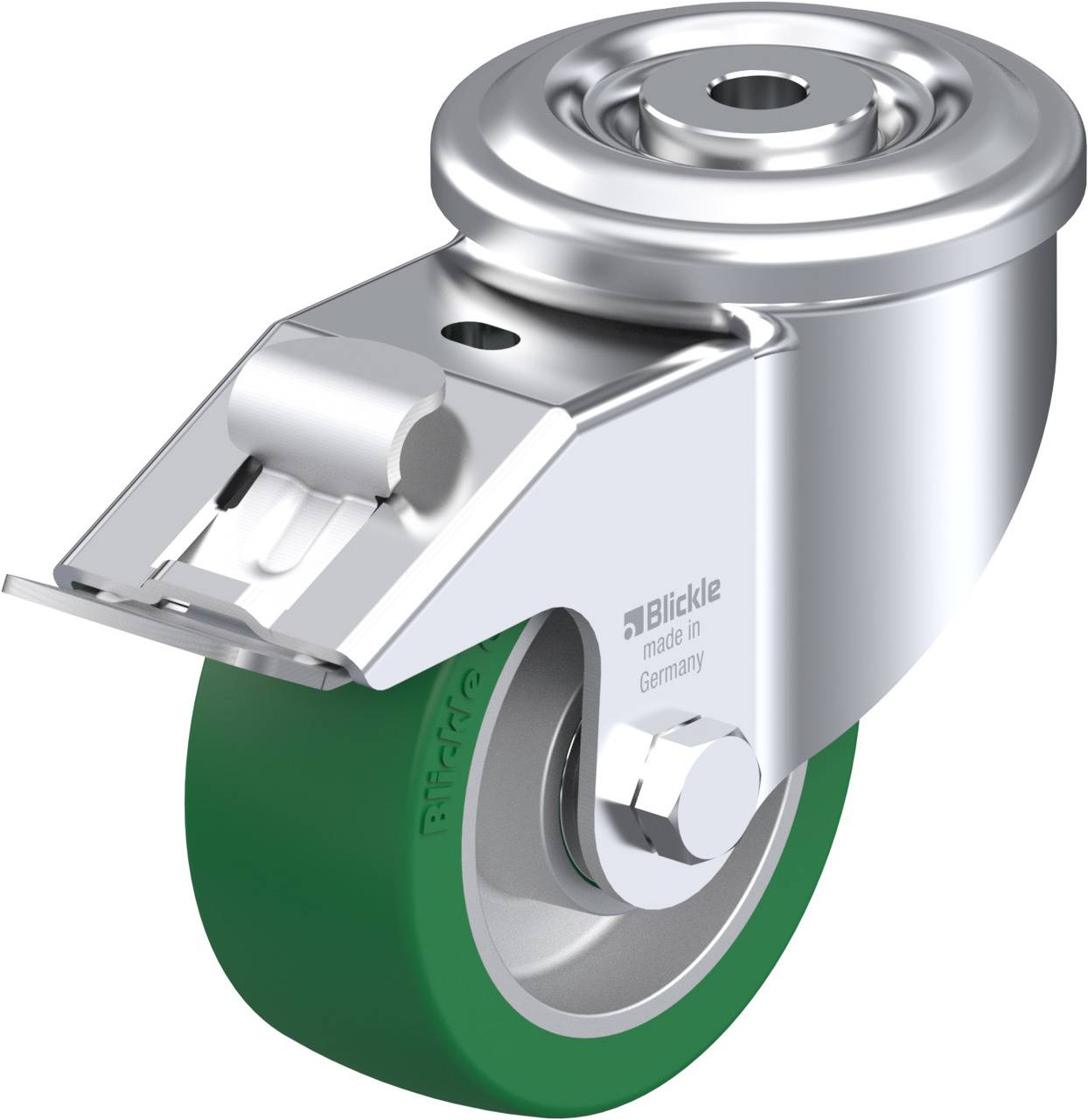 Schwenkrolle mit grünem Rad und metallischem Gehäuse, Markenlogo 'Blickle' auf dem Gehäuse. Entwickelt für leichte bis mittlere Belastungen.