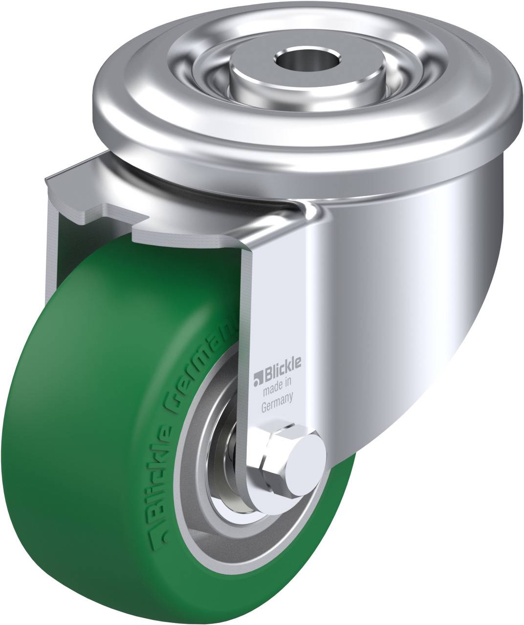 Metall-Rollenhalter mit grünem Rad, offenbar als Teil eines Möbel- oder Geräte-Radelements, mit der Aufschrift 'Blickle Germany'.