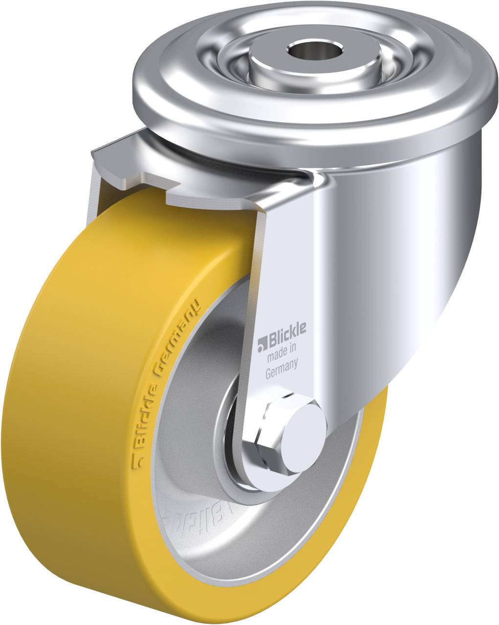 Industrie-Rollenrad mit gelbem Gummireifen und silbernem Metallgehäuse, beschriftet mit 'Blickle made in Germany'.