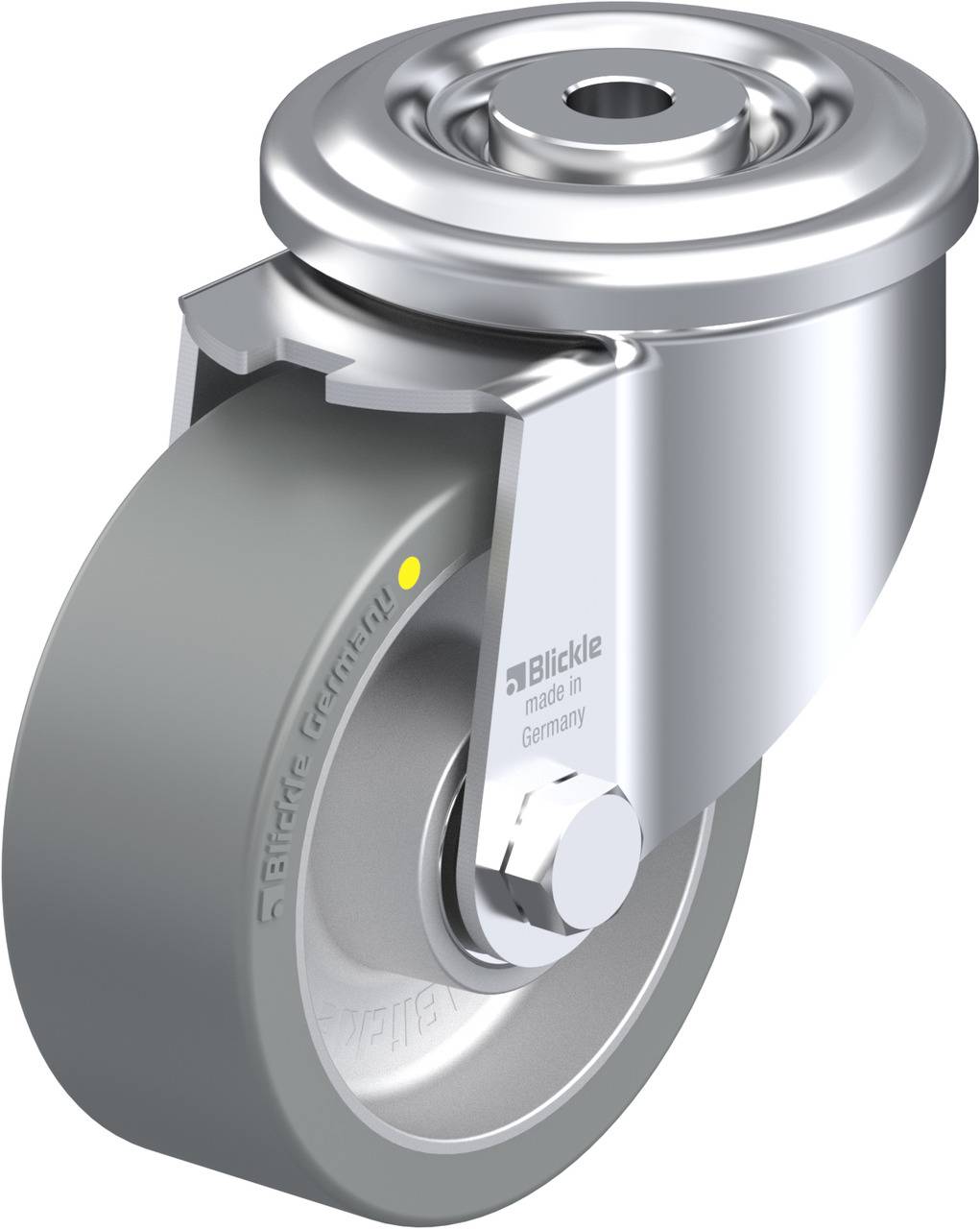 Industrie-Rollenrad aus Metall und Gummi, vorne rechts abgebildet. Aufschrift 'Blickle made in Germany'. Geeignet für Transportwagen.