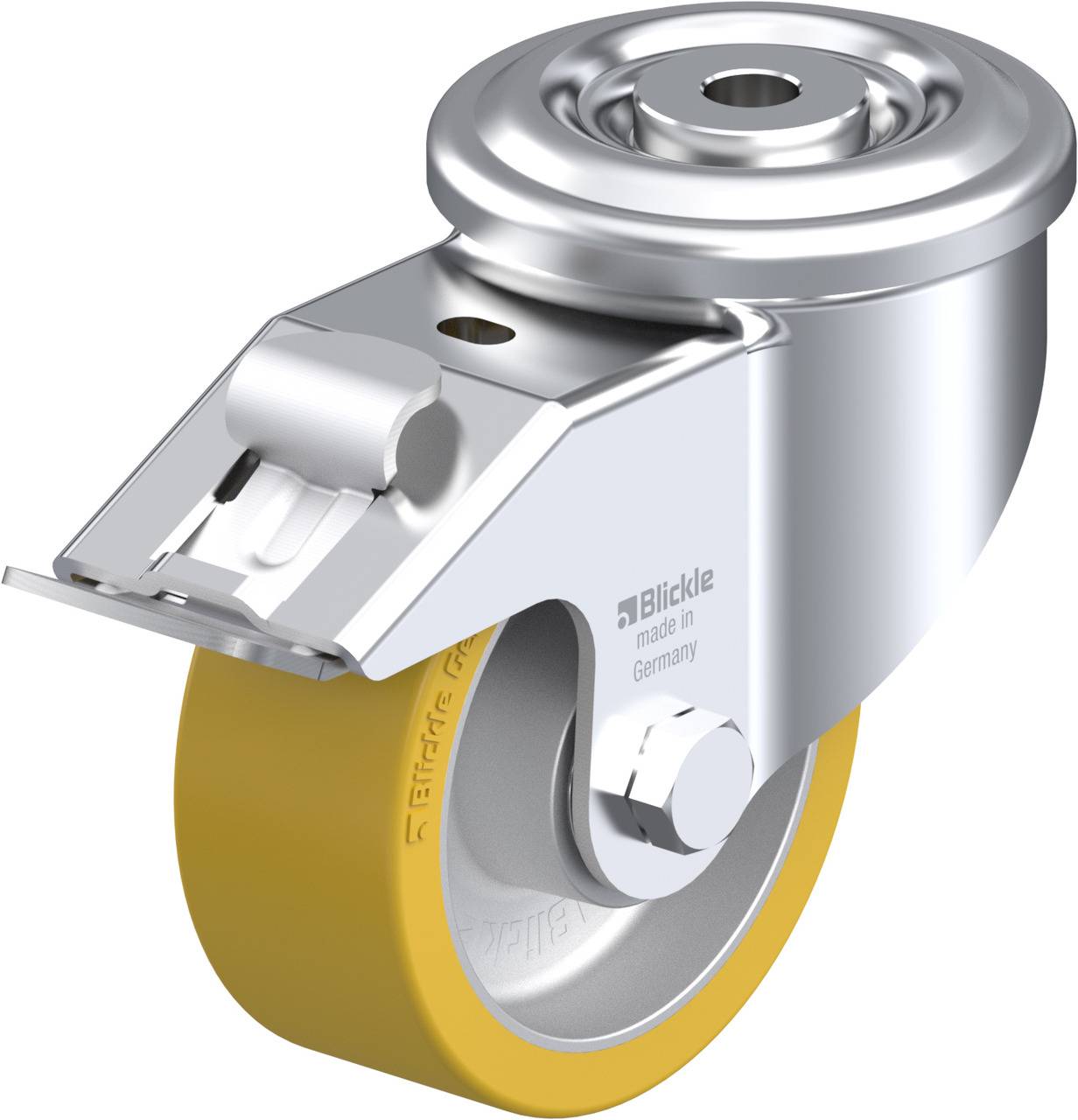 Schwenkrolle aus Metall mit gelbem Rad, seitlicher Feststeller und Aufschrift 'Blickle made in Germany'.