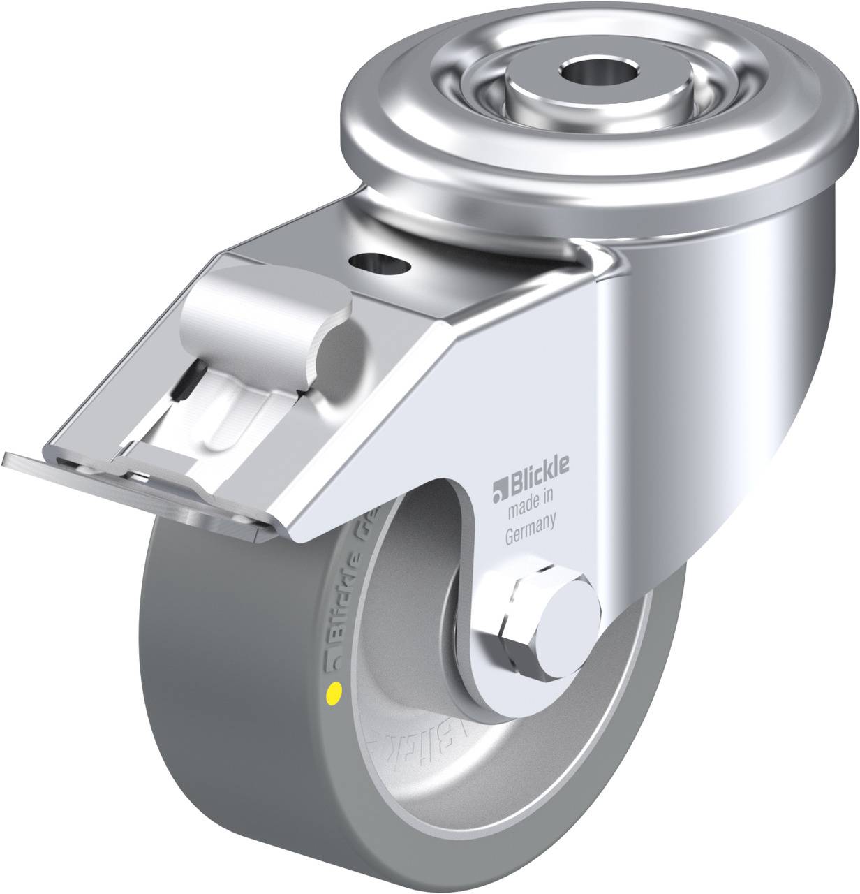 Schwenkrolle aus Metall mit grauem Rad, Aufschrift 'Blickle made in Germany', verwendet für Möbel oder Transportwagen.