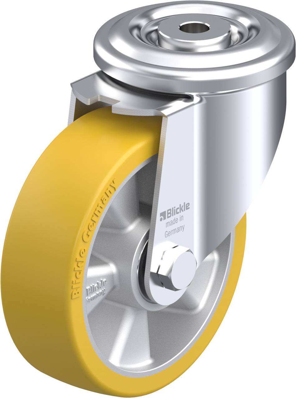 Industrie-Rolle mit gelbem Rad und silbernem Gehäuse, geeignet für Transportwagen, markiert mit 'Blickle made in Germany'.
