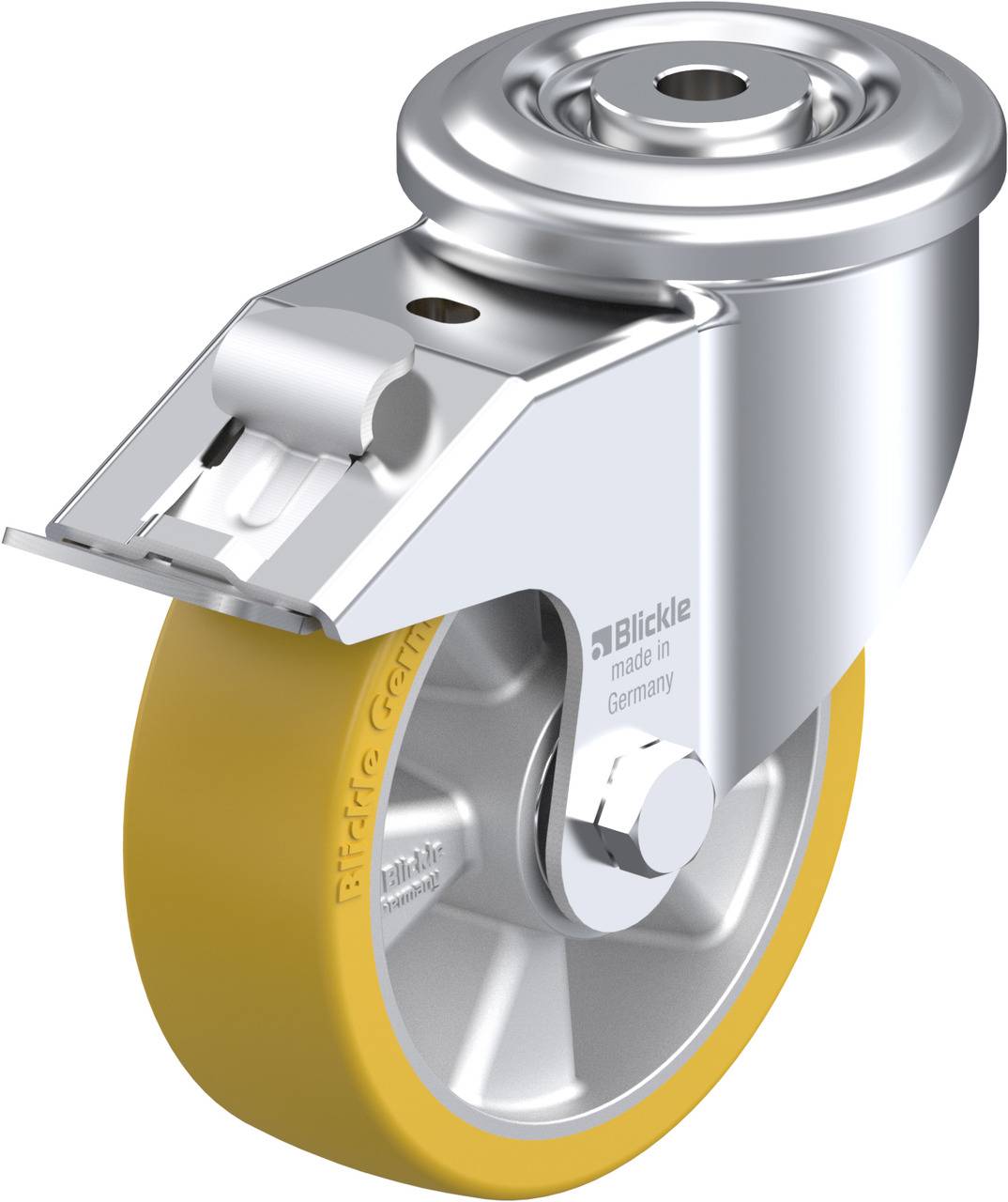 Ein einzelnes Schwerlast-Lenkrolle mit gelbem Rad und Metallgehäuse, geeignet für industrielle Anwendungen.