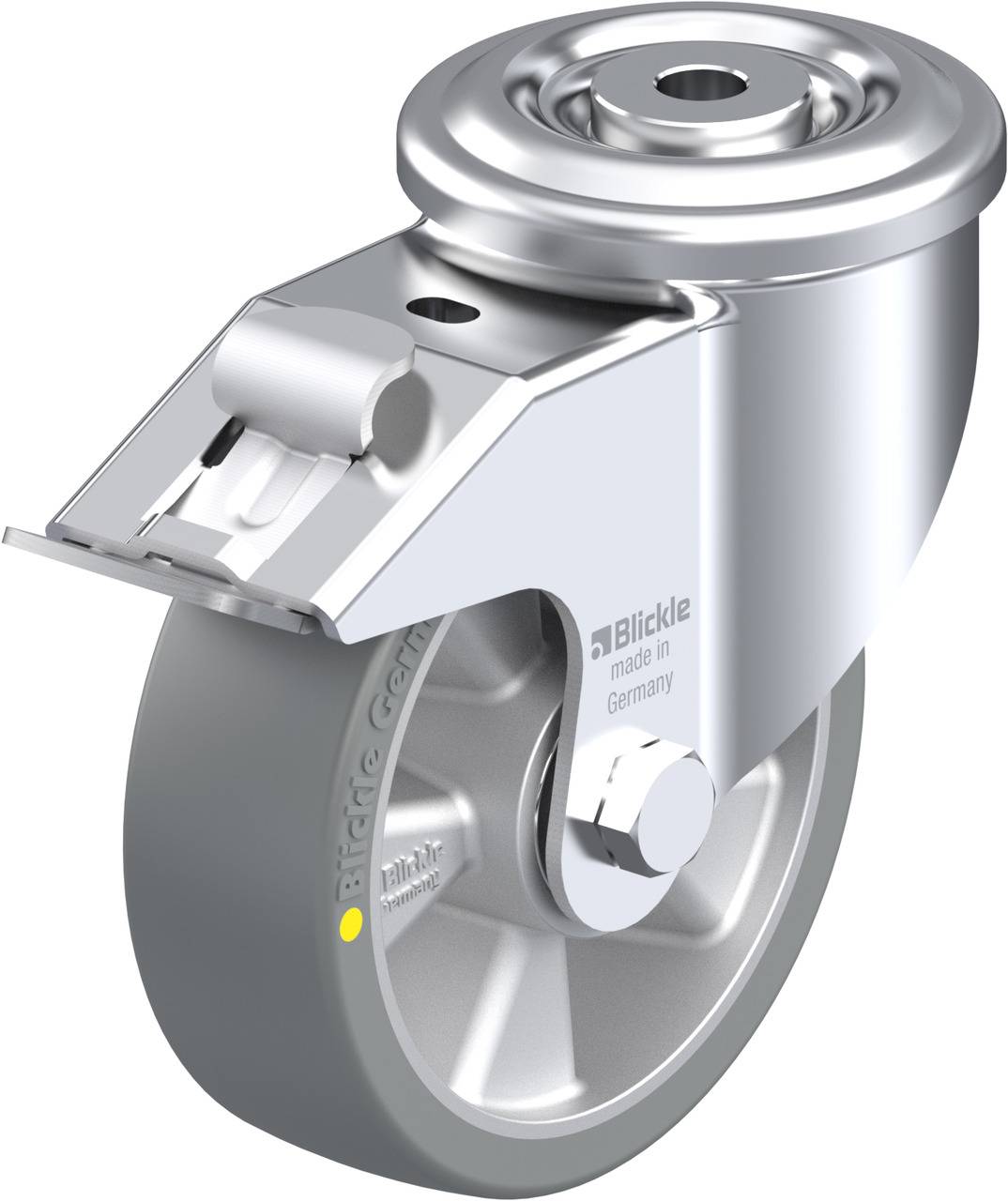 Industrie-Lenkrolle mit grauem Rad und silbernem Gehäuse, hergestellt von 'Blickle'.