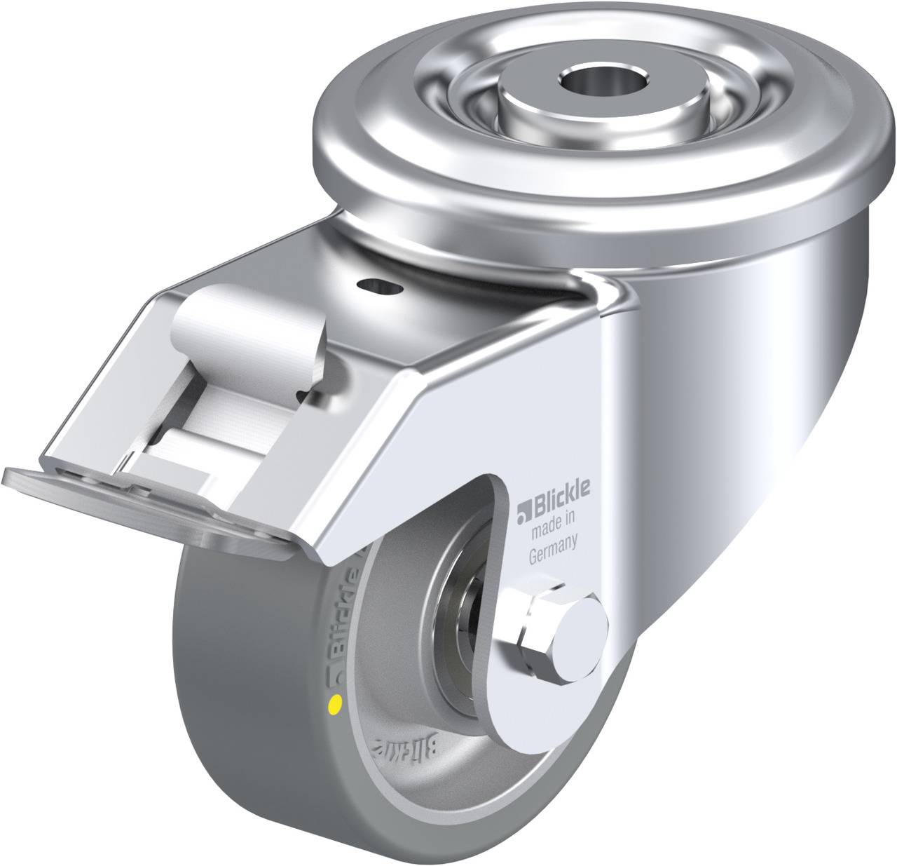 Ein silbernes Lenkrollenrad aus Metall mit Befestigungsplatte, gekennzeichnet mit 'Blickle made in Germany'.