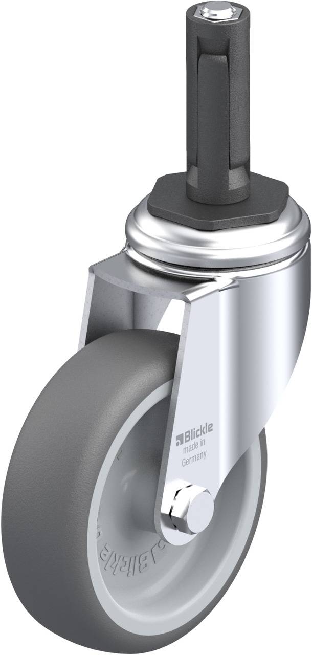 Graue Lenkrolle mit Halterung und sichtbarer Befestigungsachse, textlich als 'Blickle Made in Germany' gekennzeichnet.