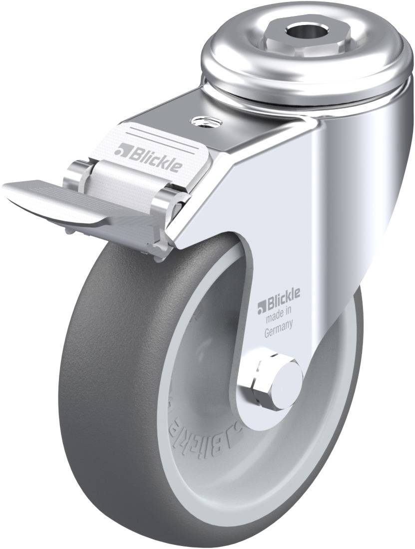 Metallisches Schwenkrollenrad mit grauer Gummibeschichtung. Oben befindet sich eine Platte mit Befestigungslöchern und eine Bremse.