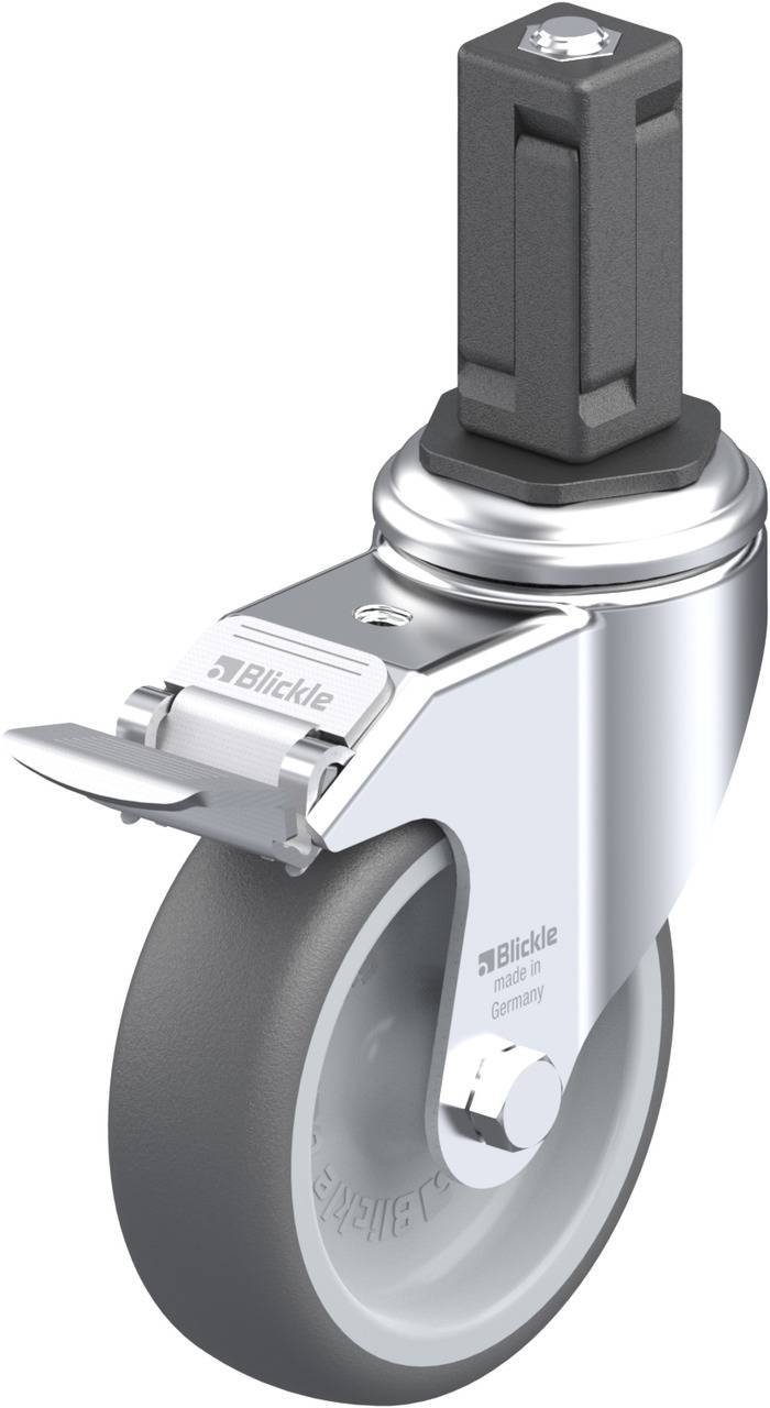 Rollenrad mit Bremse aus Metall und Kunststoff, geeignet für Möbel oder industrielle Anwendungen. Logo der Marke auf Metallteil sichtbar.