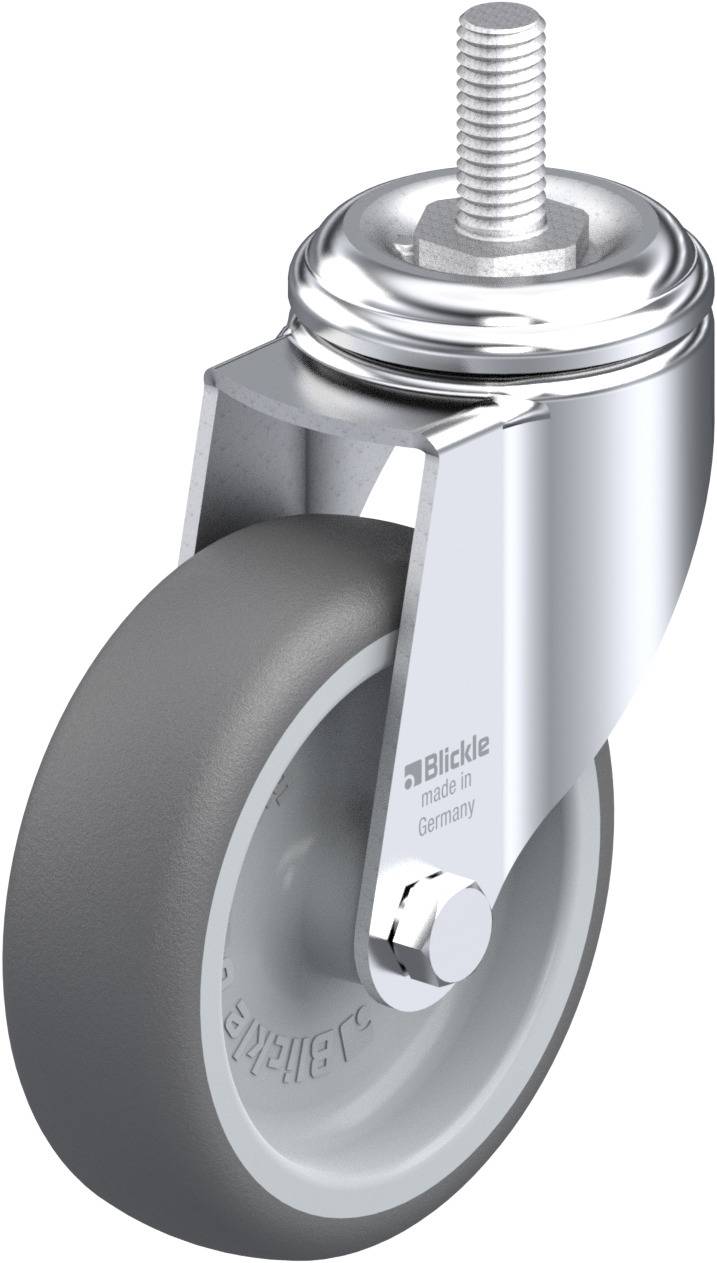 Graue Rolle mit Metallhalterung und Schraubgewinde, Aufschrift 'Blickle made in Germany'.