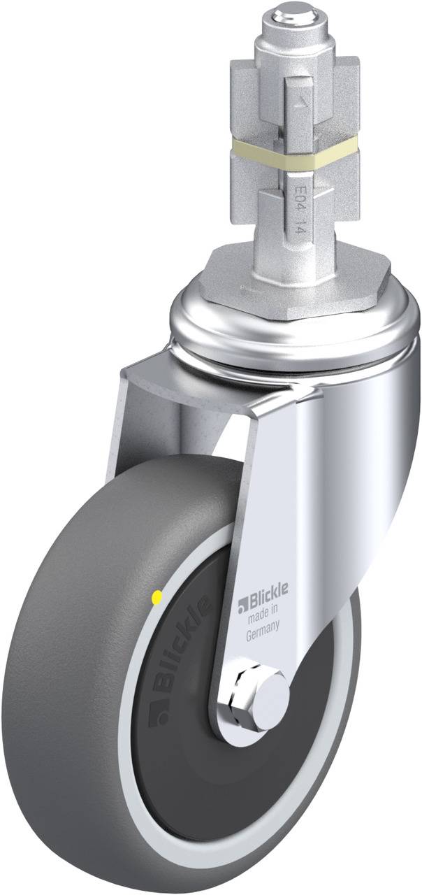 Drehbares Transport-Lenkrolle aus Metall mit grauem Rad, geeignet für professionelle Anwendungen.