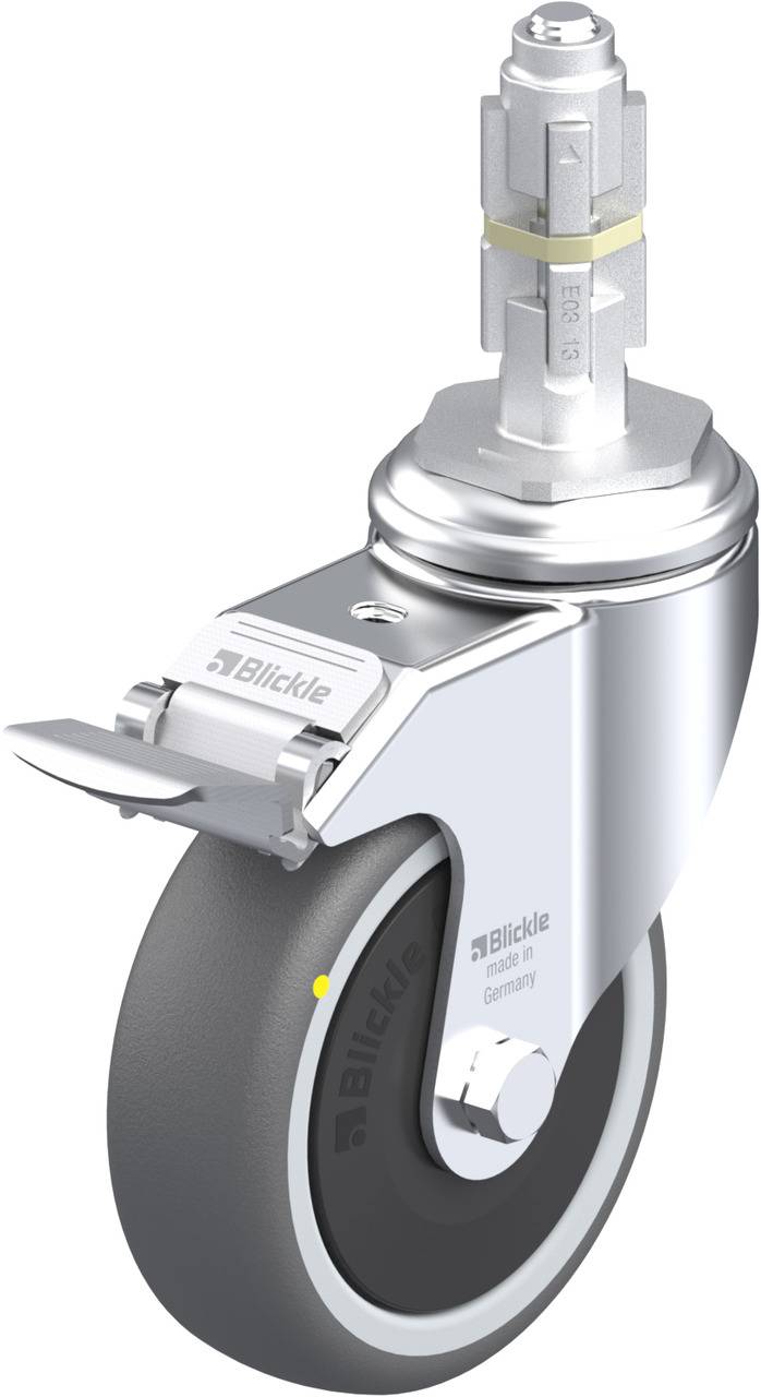 Abgebildet ist ein Metall-Lenkrolle mit Bremse und grauem Rad. Geeignet für industrielle Anwendungen, bietet Stabilität und Beweglichkeit.