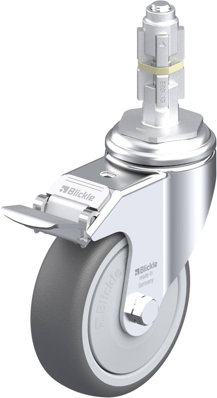 Schwenkrolle mit grauem Rad und Bremsmechanismus. Metallischer Aufbau, Markierung 'Blickle'. Verwendet in Transportgeräten.
