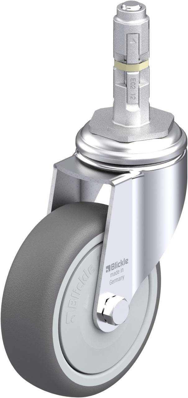 Ein graues Lenkrollelement mit Metallgehäuse und grauem Reifen. Oben eine vertikale Metallstange zur Befestigung.