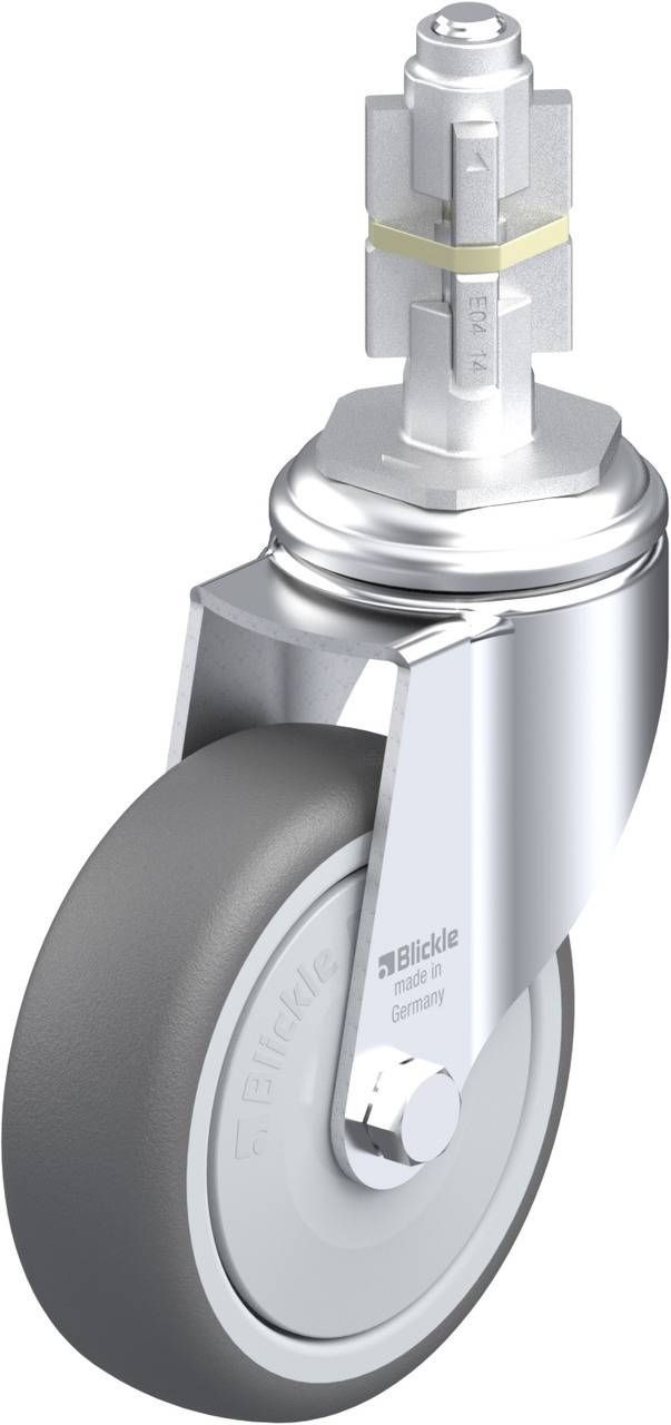 Ein silbernes Laufrollenrad mit grauer Gummibereifung und Drehgelenk von Blickle. Geeignet für Möbel oder Transportgeräte.