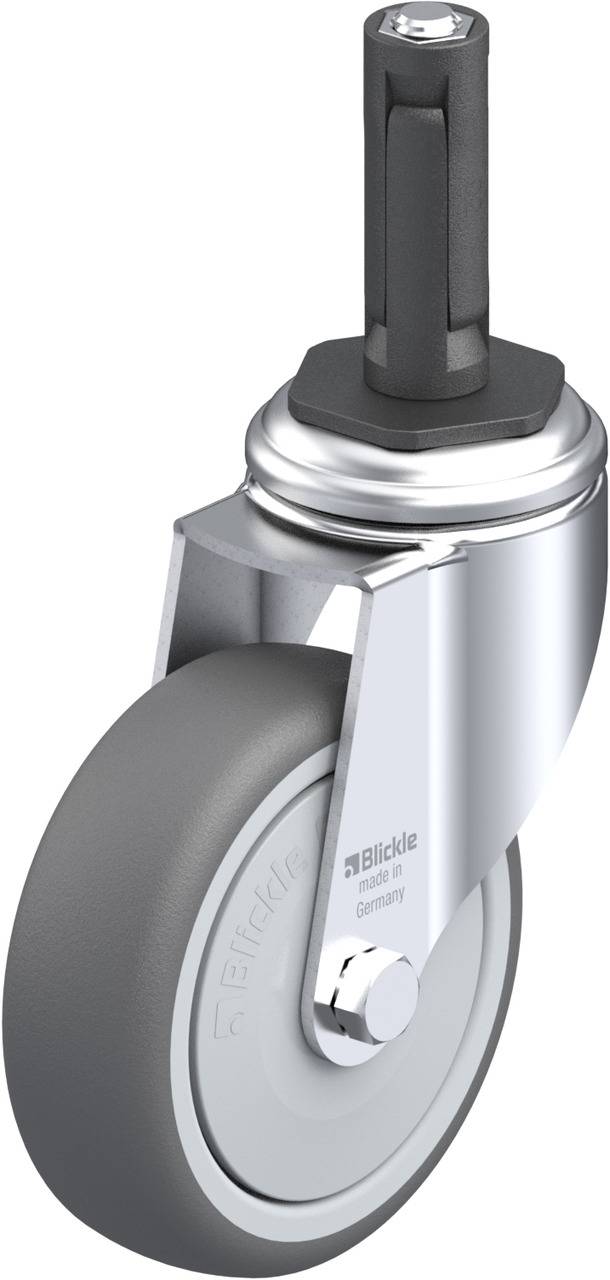 Graues Bockrolle mit Gabel aus Metall und schwarzem Befestigungselement. Schriftzug 'Blickle' und 'Made in Germany' auf der Gabel.