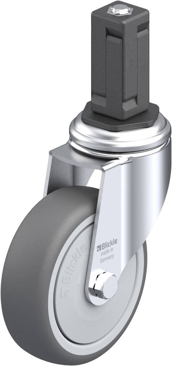 Schwenkrolle aus Metall mit grauem Rad, ideal für den Einsatz an Möbeln oder Geräten. Geeignet für leichte bis mittelschwere Lasten.