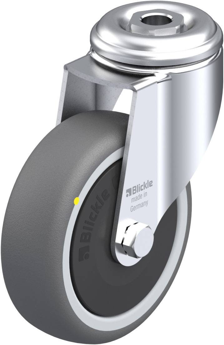 Metall-Spurlaufrad mit grauem Gummi-Belag und drehbarer Befestigungsplatte. Geeignet für den industriellen Einsatz.