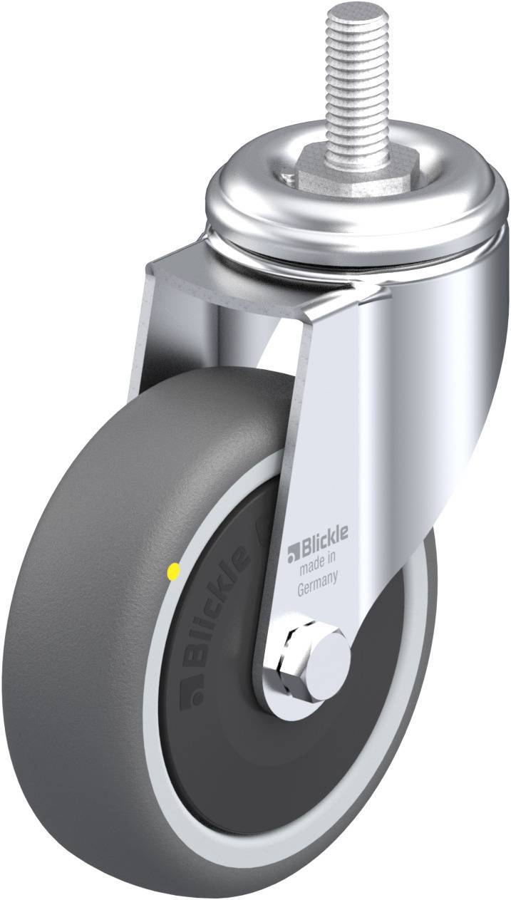 Industrie-Lenkrolle mit grauem Rad, silbernem Metallgehäuse und Schraubgewinde oben. Markiert mit 'Blickle made in Germany'.