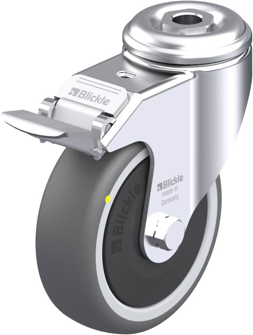 Metallenes Lenkrollenrad mit grauem Reifen und Beschriftung 'Blickle made in Germany', geeignet für Transportgeräte.