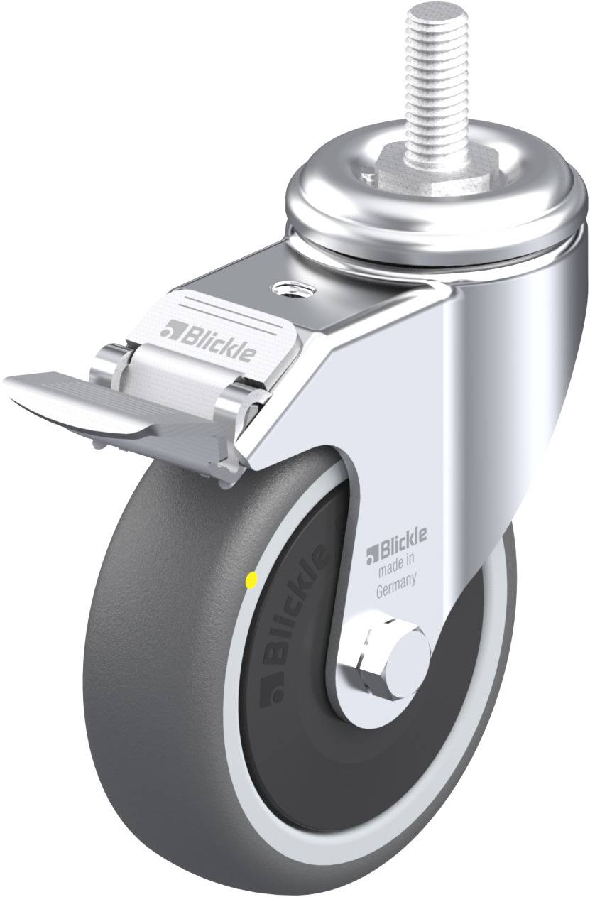 Industrie-Lenkrolle mit grauem Gummirad, Metallgehäuse und Befestigungsplatte. Geeignet für den Einsatz an Möbeln oder Geräten.