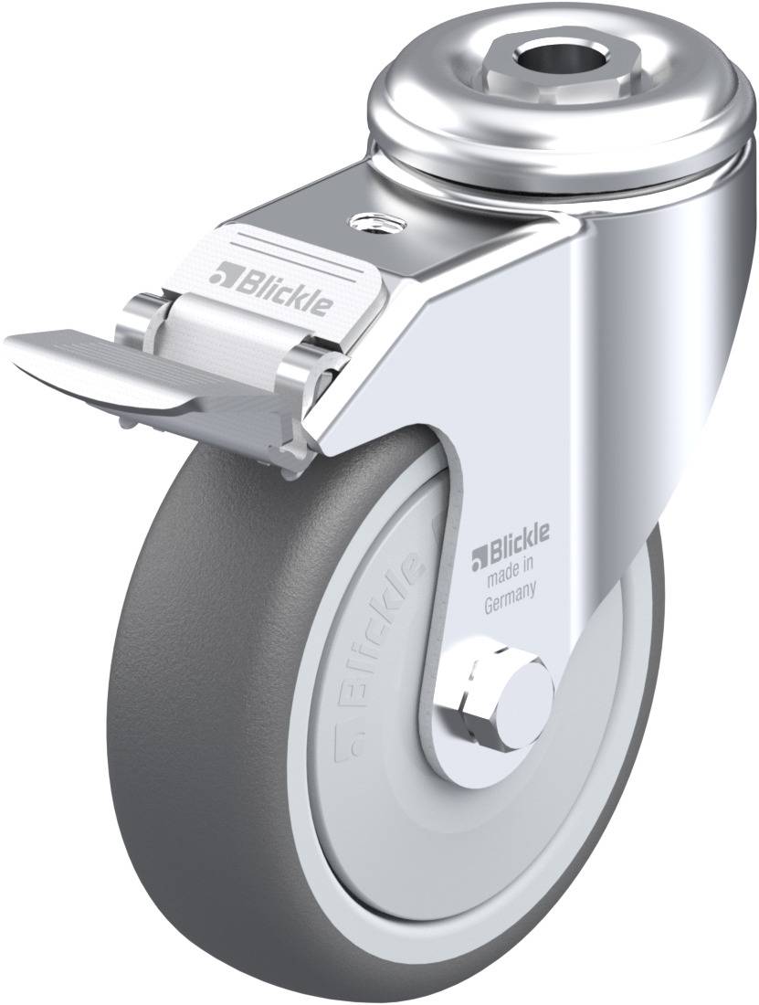 Metallene Lenkrolle mit grauem Rad, versehen mit einem Feststeller, zeigt hochwertige Verarbeitung. Markenname 'Blickle' sichtbar.