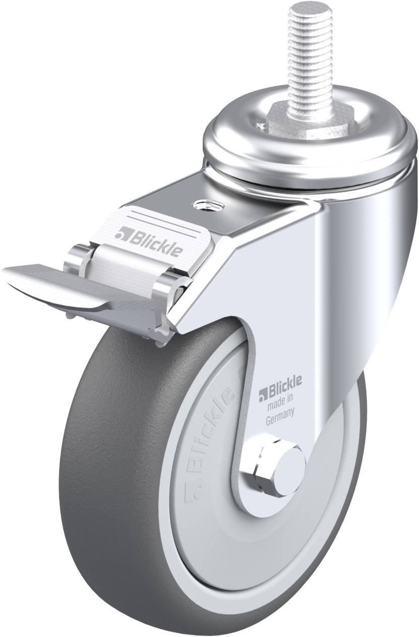 Graues Bockrad aus Metall und Kunststoff mit einem Drehgelenk und einer Schraubenhalterung, geeignet für Möbel oder Transportmittel.