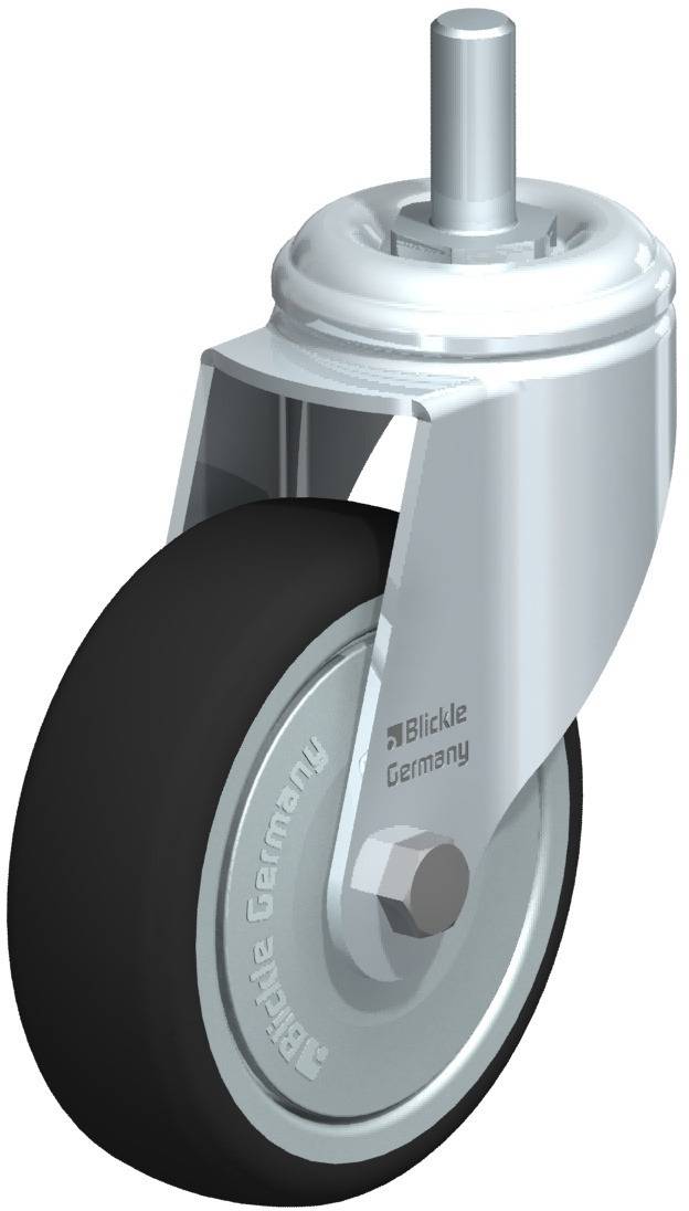 Ein schwarzes Gummi-Lenkrolle mit silbernem Gehäuse und Befestigungsstift, von der Marke Blickle Germany.