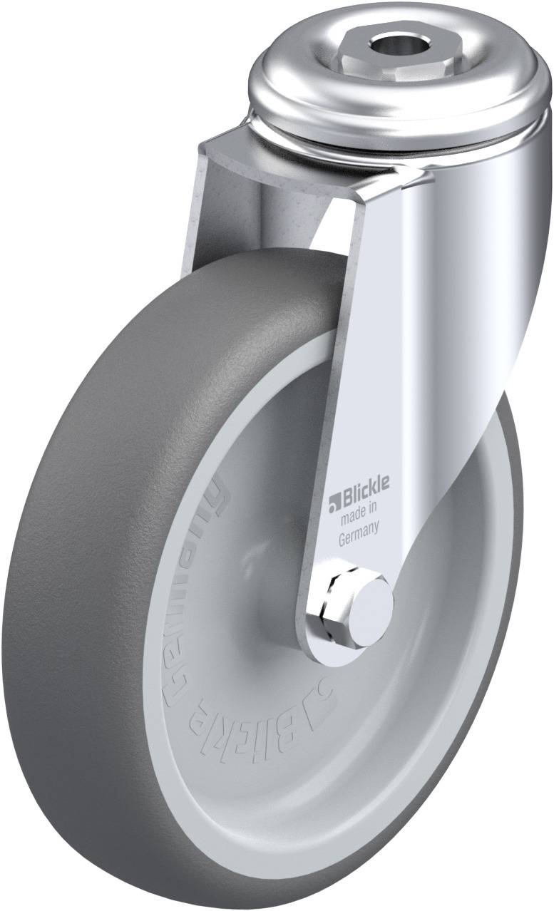 Industrie-Rolle mit grauem Rad und metallischem Gehäuse aus Edelstahl, geeignet für schwere Lasten in industriellen Anwendungen.