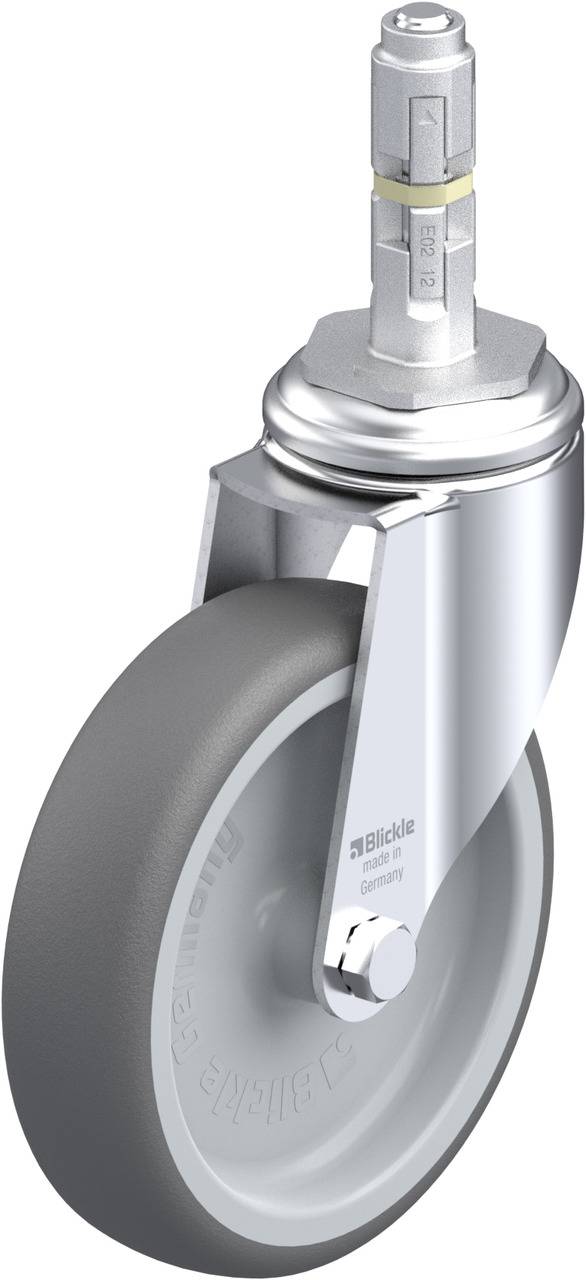 Industrie-Feststellrolle mit grauem Rad, Gabel aus Metall, geeignet für schwere Lasten.